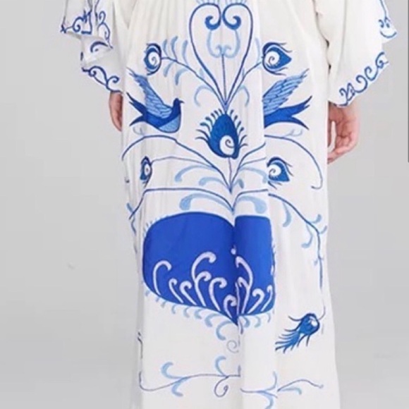 5 Star ⭐️ Favorite Boho Embroidered Blu Hearts Magic Kimono Blue Bird Maxi Dress - Picture 8 of 14